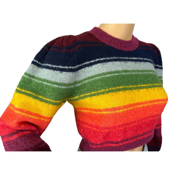 Zara Rainbow Cropped Sweater Puff Long Sleeve Striped Wool Blend Pullover Size S - Picture 11 of 14